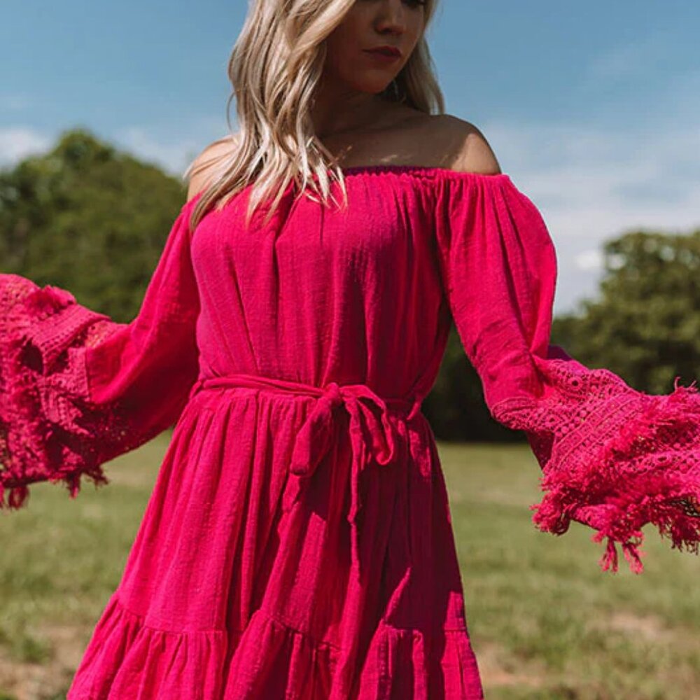 Pink Off Shoulder Boho Mini Dress Size M Flowy Embroidered Sleeve Summer
